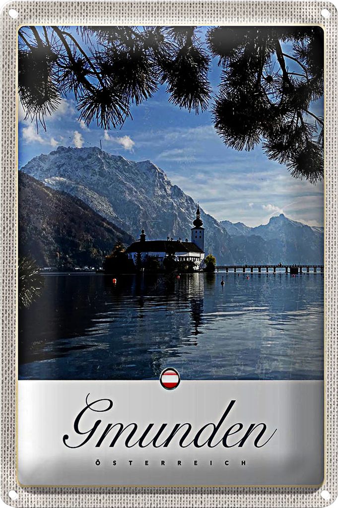 Blechschild Reise 20x30cm Gmunden Östereich Kirche Gebirge Natur