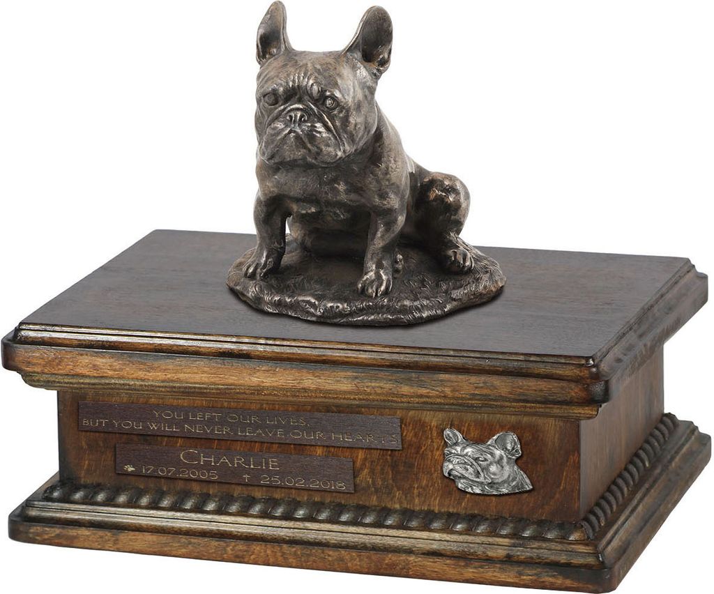 Französische Bulldogge V urne in Hundeasche, personalisierte Urne mit Statue, Holzurne mit Hund von Art-Dog