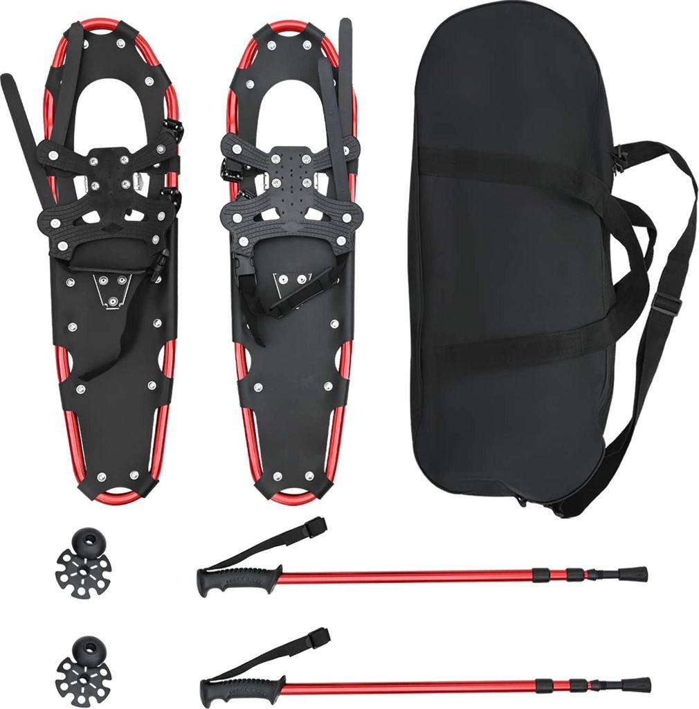 3 in 1 Schneeschuhe mit Wanderstöcken Rot und Schwarz