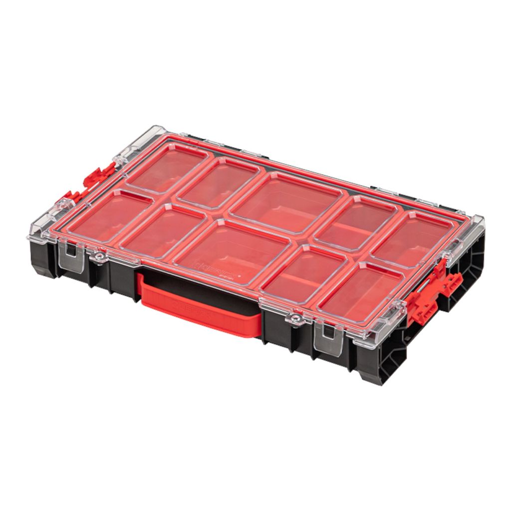 A black and red organizer box with a clear lid is shown against a white background.