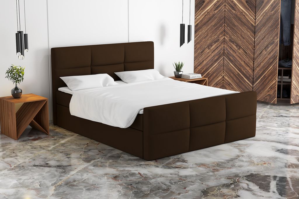 Boxspringbett HAKI 200 x 200 mit 2 Bettkästen, Bonell-Matratze und Topper. Farbe: Braun