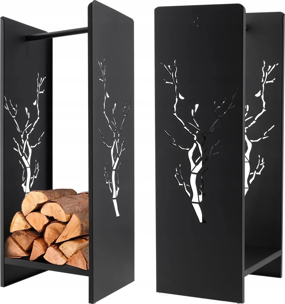 Range-bûches vertical 90 cm en métal noir pour intérieur avec tapis - 2