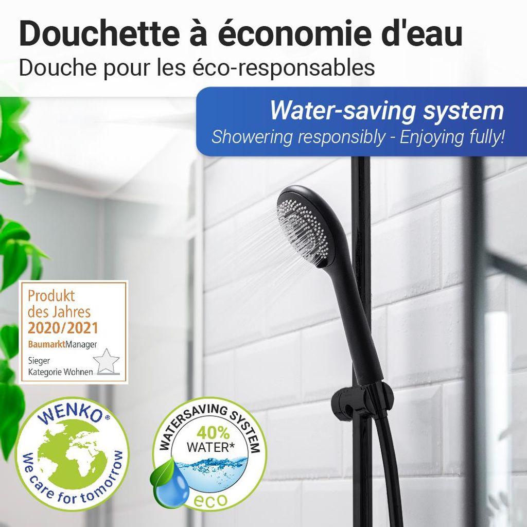 WENKO Duschkopf Regendusche WATERSAVING Ø11cm Rund Schwarz Produktbild 