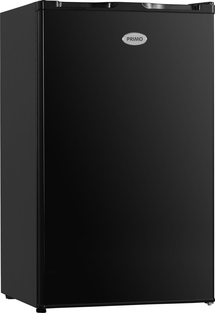 A black Primo brand mini-refrigerator is shown from a slightly angled front view.