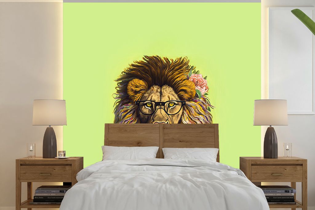 MuchoWow Fototapete für Wohnzimmer oder Schlafzimmer Wandtapete Vinyl Motivtapete Löwe - Mensch - Tier - Brille - Blumen - 300x300 cm - Wanddek...