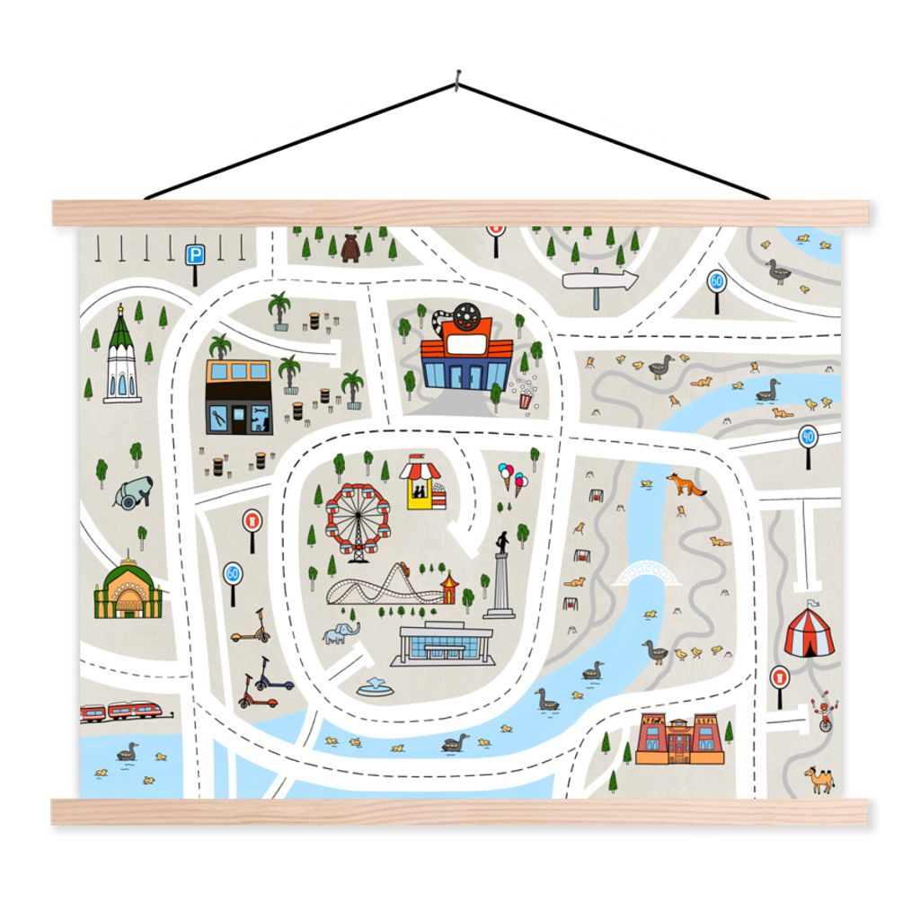 MuchoWow Textilposter Kinder - Stadt - Vergnügungspark - Auto 60x45 cm mit holzfarbenen Rahmen - Bild