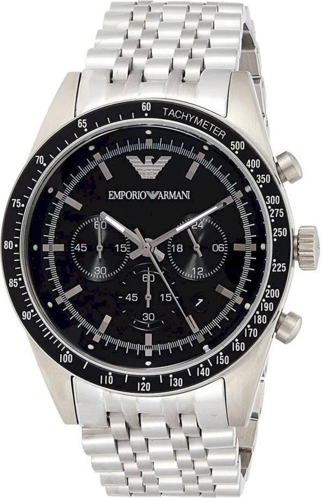 A close-up studio shot of an Emporio Armani chronograph watch with a black dial and silver metal band.