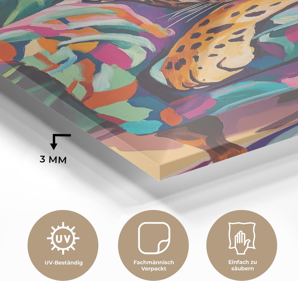 MuchoWow Glasbilder - Bilder auf Wandbild - Foto auf Glas Leopard - Bunt - Tropisch 20x30 cm Wanddekoration aus Glas - Acrylglasbild - Acrylbilder ...