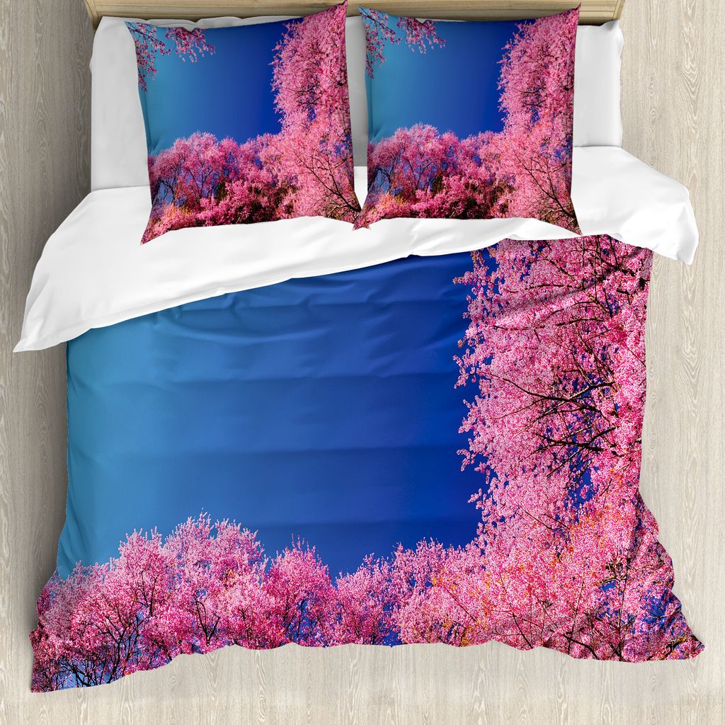 ABAKUHAUS Blumen Bettbezug, Kirschblüten-Bäume, Milbensicher Allergiker geeignet mit Kissenbezügen, 155 cm x 220 cm - 80 x 80 cm, Fuchsia Blau