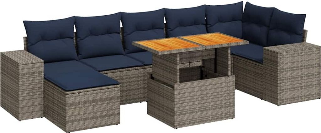 8-tlg. Garten-Sofagarnitur mit Kissen Grau Poly Rattan