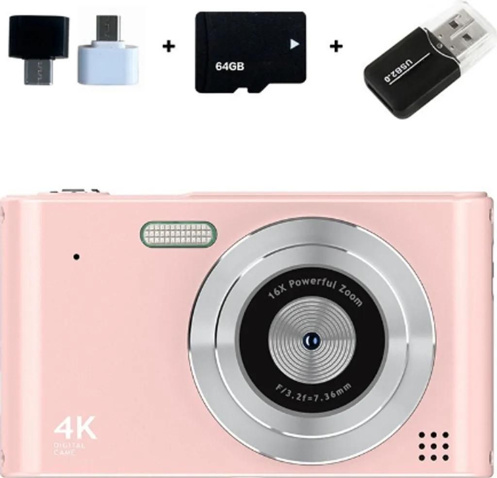 A pink digital camera with accessories including a memory card and USB adapter, presented against a white background.