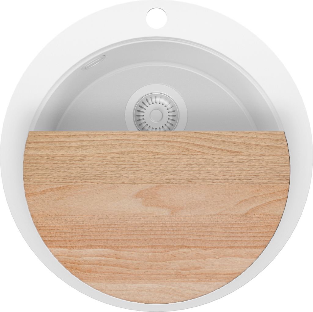 PRIMAGRAN Spülbecken Rund Alles Weiß 53x53cm, Granitspüle 1 Becken + Ablauf-Set + Schneidebrett, Küchenspüle ab 50er Unterschrank - Pisa Max