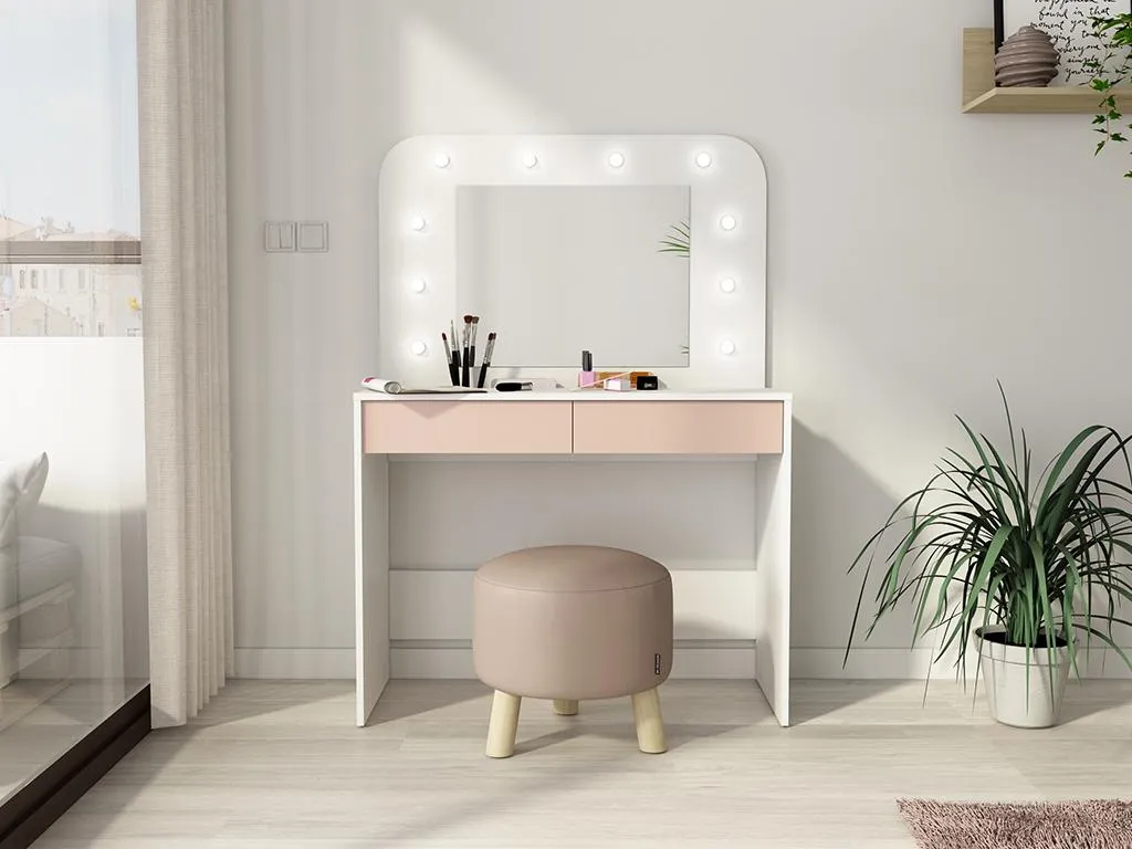 Coiffeuse avec rangement et miroir LED JOSEPHINE Blanc et Rose