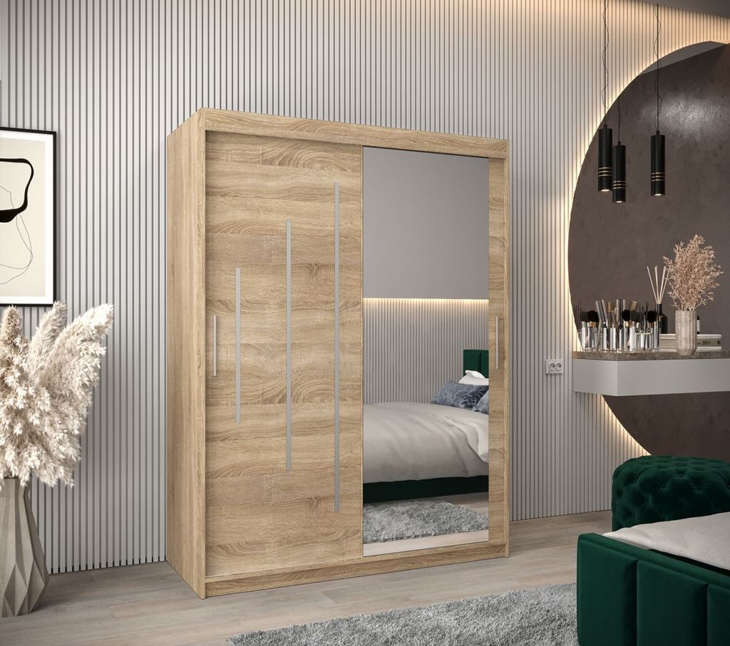 Kleiderschrank mit Spiegel ROZALIE – Breite 150 cm, Eiche sonoma