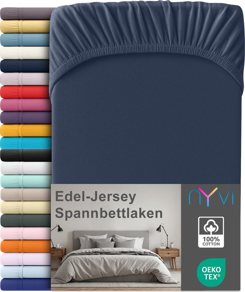 Edel Jersey Spannbettlaken Deluxe für Matratzen bis 25 cm Steghöhe - 100% Baumwolle supergekämmt, 140g/m², Rundumgummizug, Farbe:Marineblau, Gr...