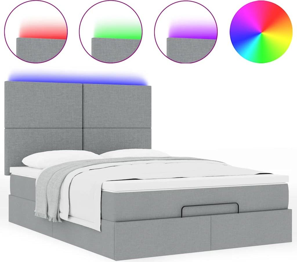 Ottoman-Bett mit Matratze & LEDs Hellgrau 140x200 cm Stoff