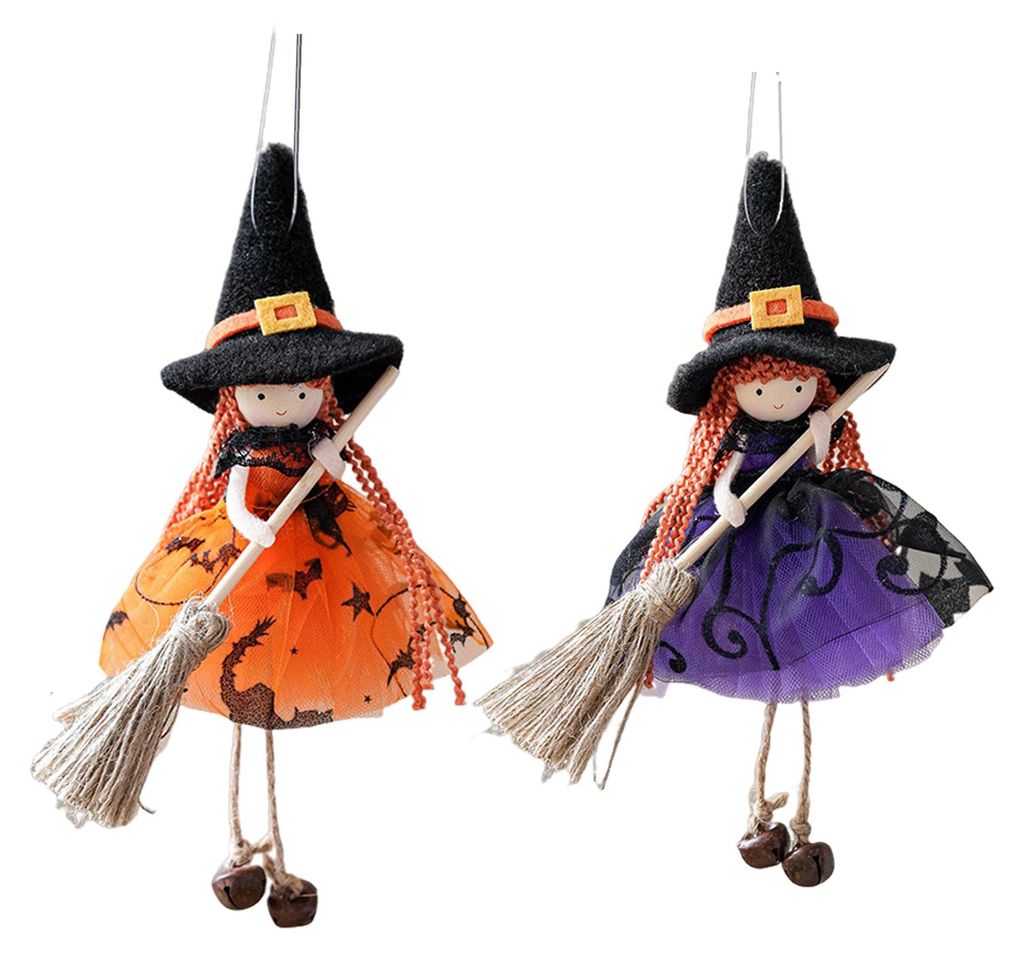 Halloween-Hexenpuppe mit Besen, kleine Hexenfigur mit Gaze-Rock, hängender Hexenschmuck für Küche, Zimmer, Tür, Fenster, Halloween-Dekoration