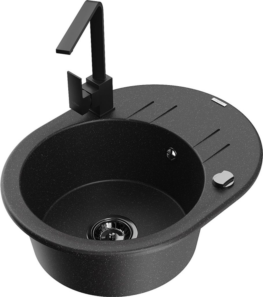 Mexen Kevin 1 Becken-Granitspüle mit Abtropffläche und Mischbatterie Rita, Schwarz/Silbermetallic - 6517-73-670300-70-B