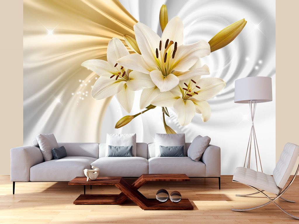 Vlies Fototapete Blumen Lilien 400x280 cm Tapeten Wandtapete XXL Abstrakt Weiss Grau Gold Silber b-A-0317-a-b