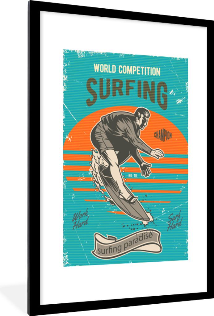 MuchoWow MuchoWow Gerahmtes Poster Vintage - Surfen - Surfbrett 60x90 cm - Poster mit zchwarzem Bilderrahmen - Dekoration - Wandposter Wohnzimm...