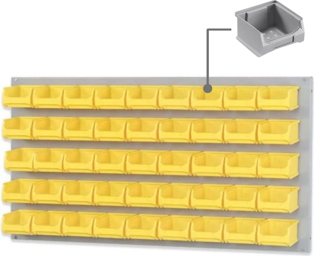 Trägersystem Graue Systemplatte mit 45x grauen Sichtlagerboxen 1.0 | Maße HxB 50x100cm | Sichtlagerbox, Sichtlagerbehälter, Sichtlagerkasten