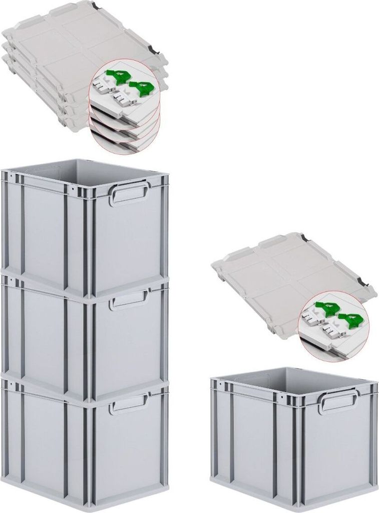 SuperSparSet 4x Eurobox NextGen Grip mit Scharnierdeckel und grünen Schiebeschnappverschlüssen | HxBxT 32x30x40cm | 30 Liter | Griffe geschlossen...