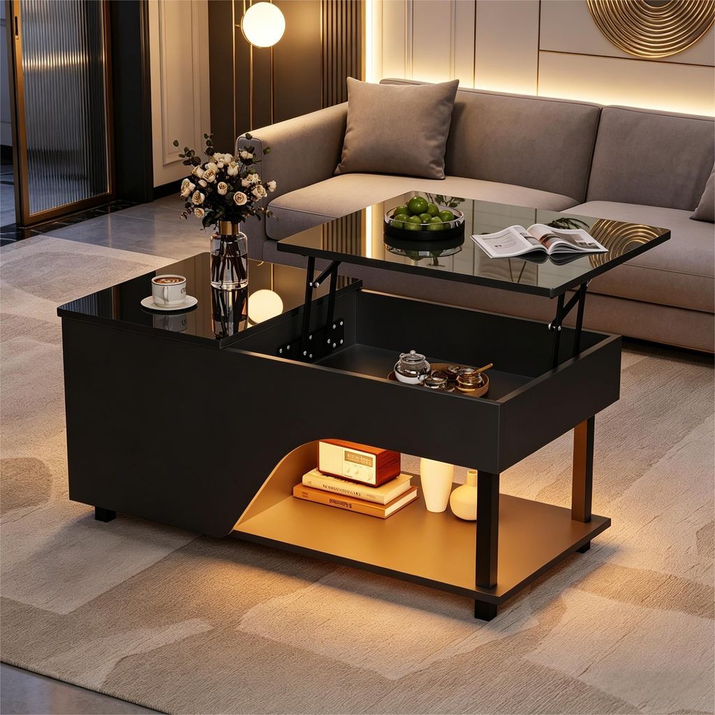 Couchtisch Höhenverstellbar 50x100x46cm Schwarz Hochglanz Lounge-Set Wohnzimmertisch Sitzgruppe Kaffeetisch mit Verstecktem Stauraum LED & Metallb...