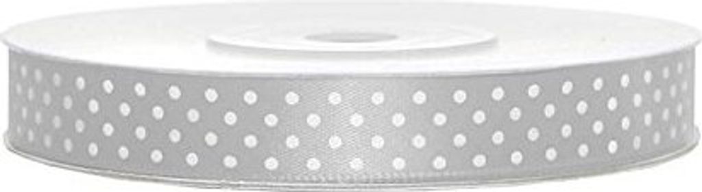Satinband silber mit weissen Punten, 12mm breit x 25m lang; auf rolle