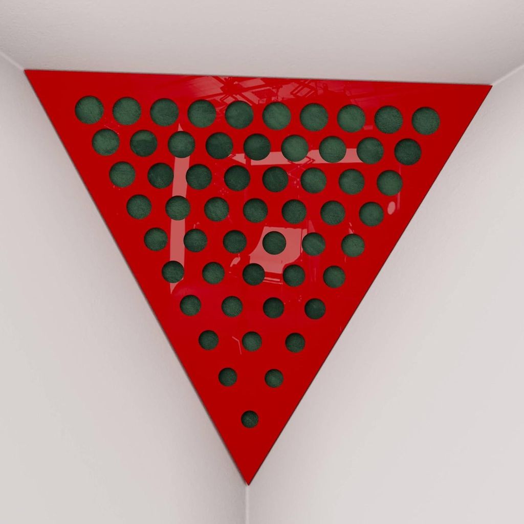 2er-Pack – Deckenecken-Bassfalle "Triangle-F" | Pyramidenförmiger Akustikschaum mit laminierter HDF-Platte und Stoff [ROUNDS -Roter Kunststoff|G...