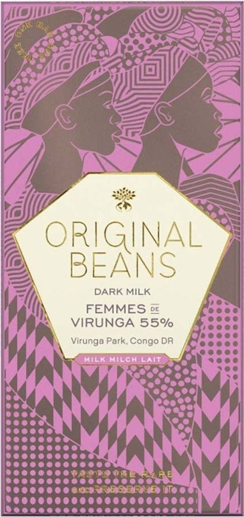 A chocolate bar wrapper with abstract patterns and stylized portraits of women.