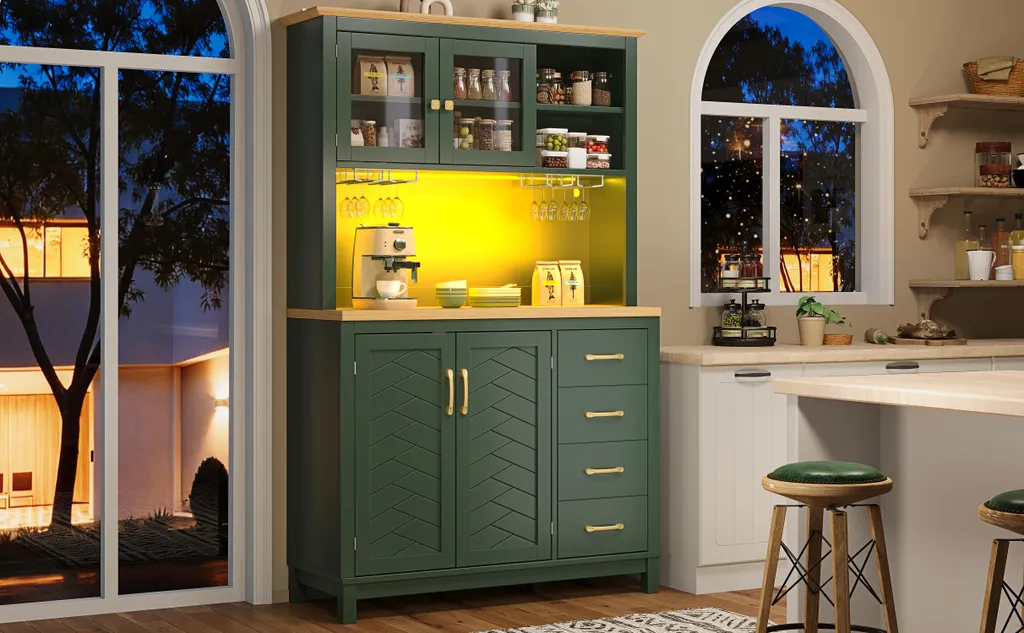 Vaisselier de cuisine rustique 180cm avec rangement LED et vitrine chic