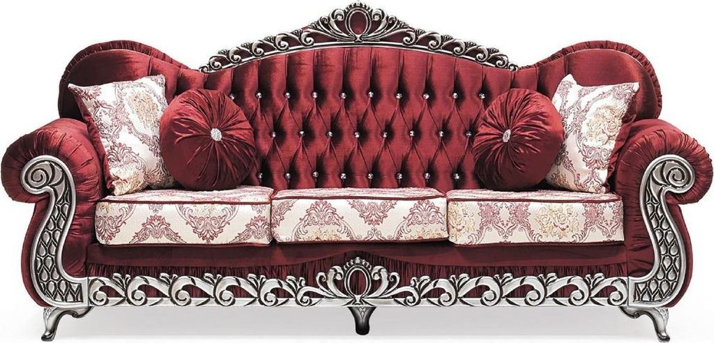 Casa Padrino Luxus Barock Sofa Bordeauxrot / Creme / Silber - Prunkvolles Wohnzimmer Sofa mit elegantem Muster und Glitzersteinen - Wohnzimmer Möb...
