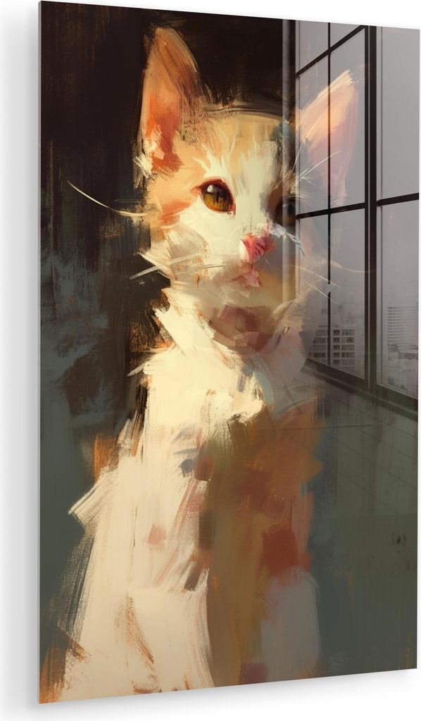 MuchoWow Glasbilder - Bilder auf Wandbild - Foto auf Glas Katze - Gemalt - Künstlerisch - Weiß 40x60 cm Wanddekoration aus Glas - Acrylglasbild -...