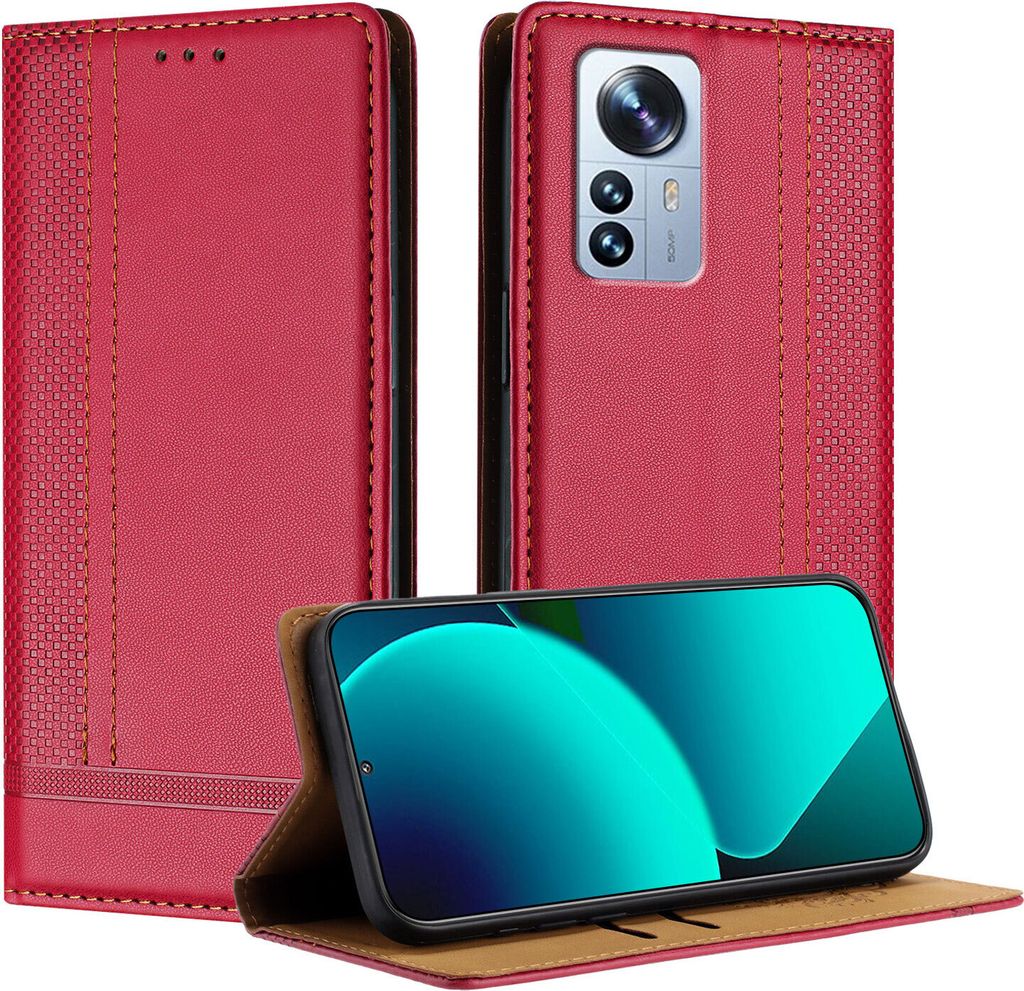 Handyhülle für Xiaomi 12 Pro Leder Flip Klappbare Schutzhülle mit Standfunktion Rot