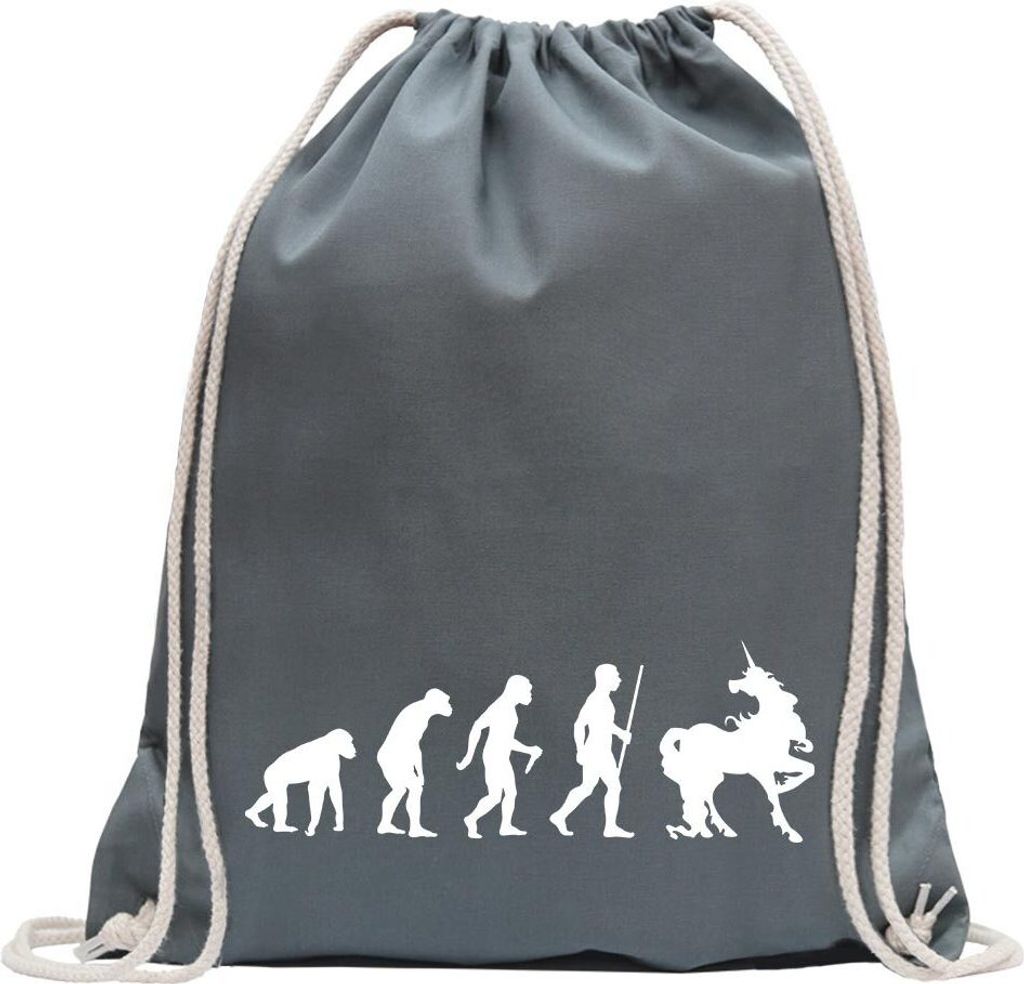 Kiwistar - Turnbeutel - stahlgrau - Einhorn Glitzer Evolution - Fun Rucksack Sport Beutel Gymsack Baumwolle mit Ziehgurt