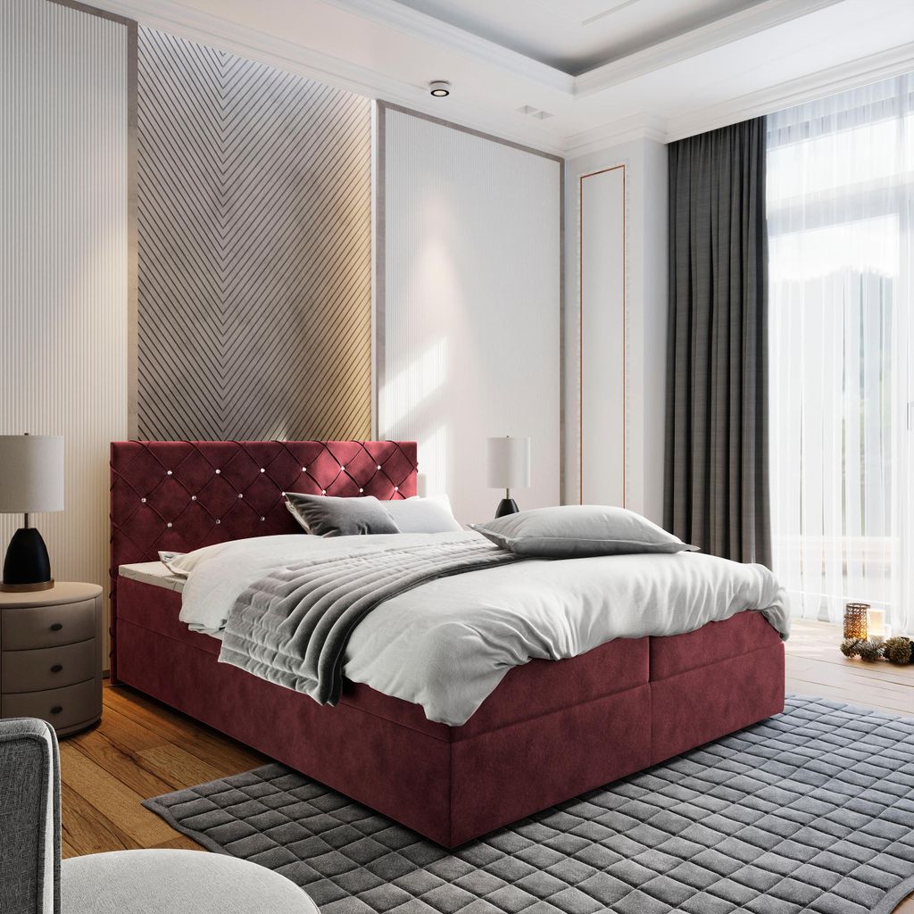 Masseno Boxspringbett RIVA 140x200 cm Komplett-Set mit Bonell Matratze und Topper, Polsterbett mit Bettkästen -Rot, MAGIC VELVET 2266
