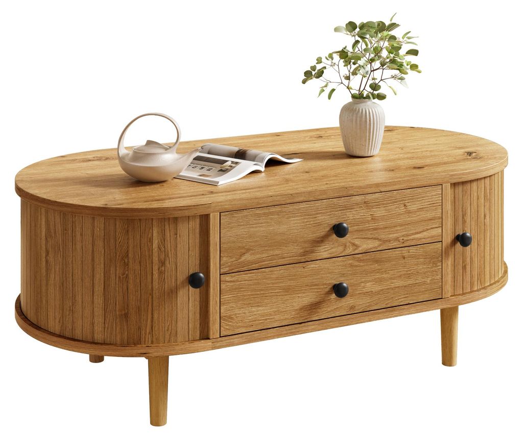 Ovaler Couchtisch, vertikale Leisten, Schiebetüren, 2 Schubladen, 100 x 50 x 40 cm, Eiche