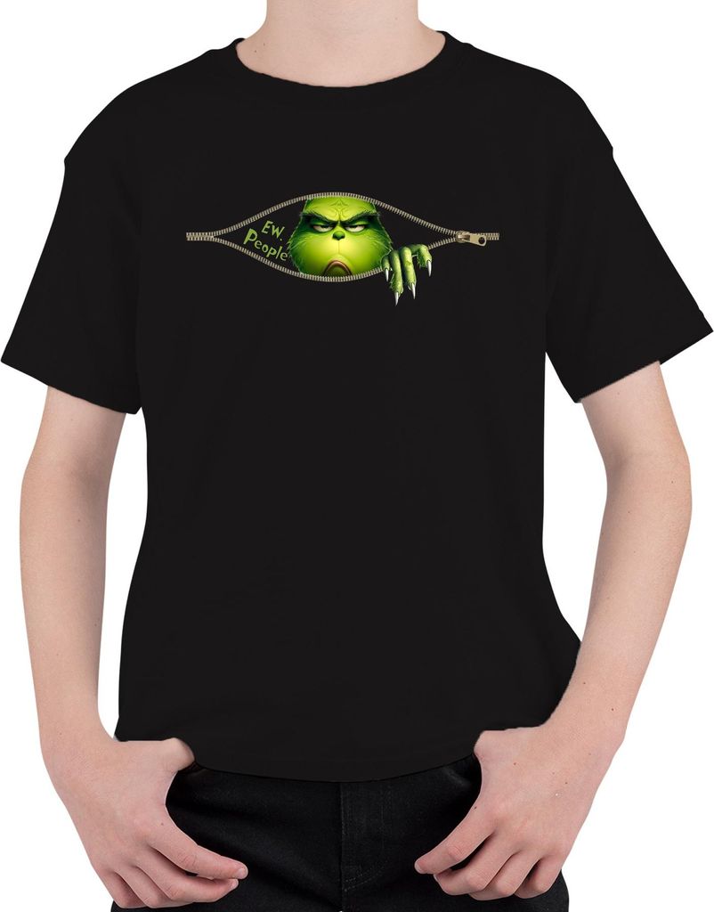 Ew People Grinch Reißverschluss frech lustig Weihnachten Uni Kinder T-Shirt, Schwarz, 140