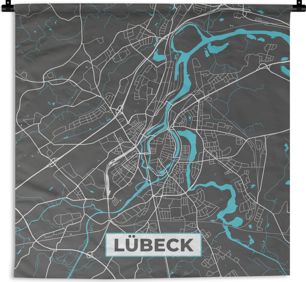 MuchoWow Wandteppich Wandbehang Lübeck - Stadtplan - Blau - Karte - Deutschland 60x60 cm Tapisserie Dekoration Wandtuch - Dekorationen - Wand Decke