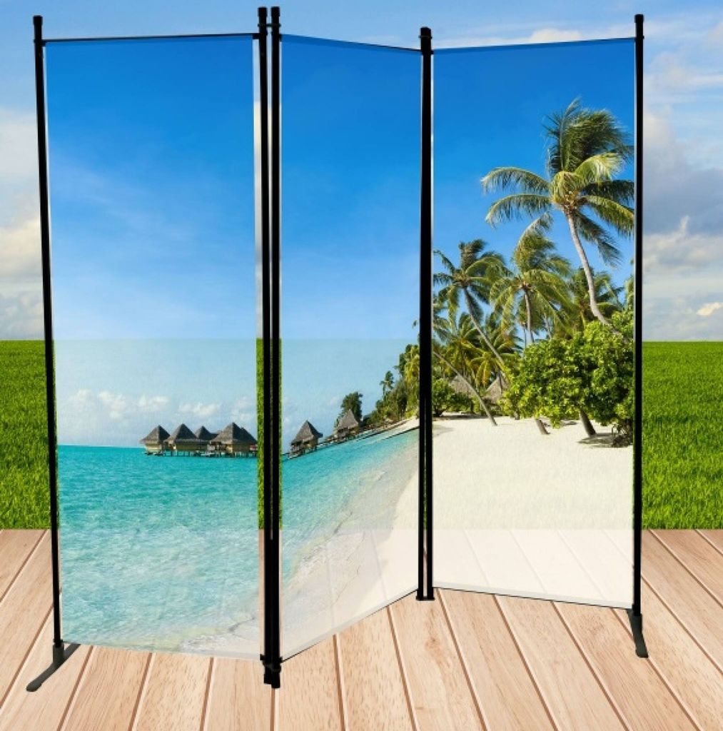 A three-panel folding screen depicting a tropical beach scene with overwater bungalows and palm trees.