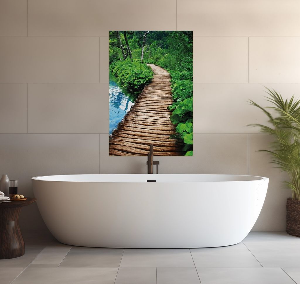 Wallario wasserfestes Poster selbstklebend 91,50 x 61 cm, Holzweg im Wald, Badezimmerposter Spritzschutz mit Hochglanzoberfläche in Glasoptik