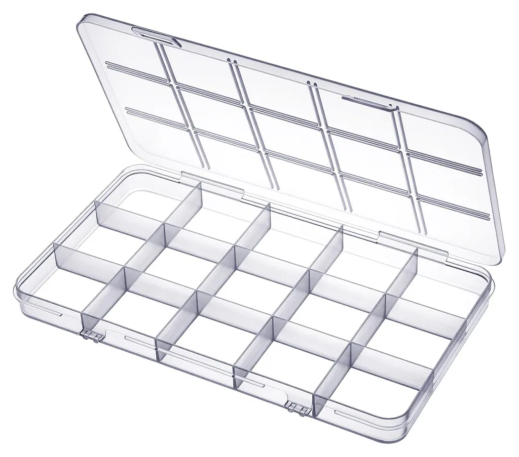 Boîte de rangement plastique 15 cases modulables et couvercle clipsé