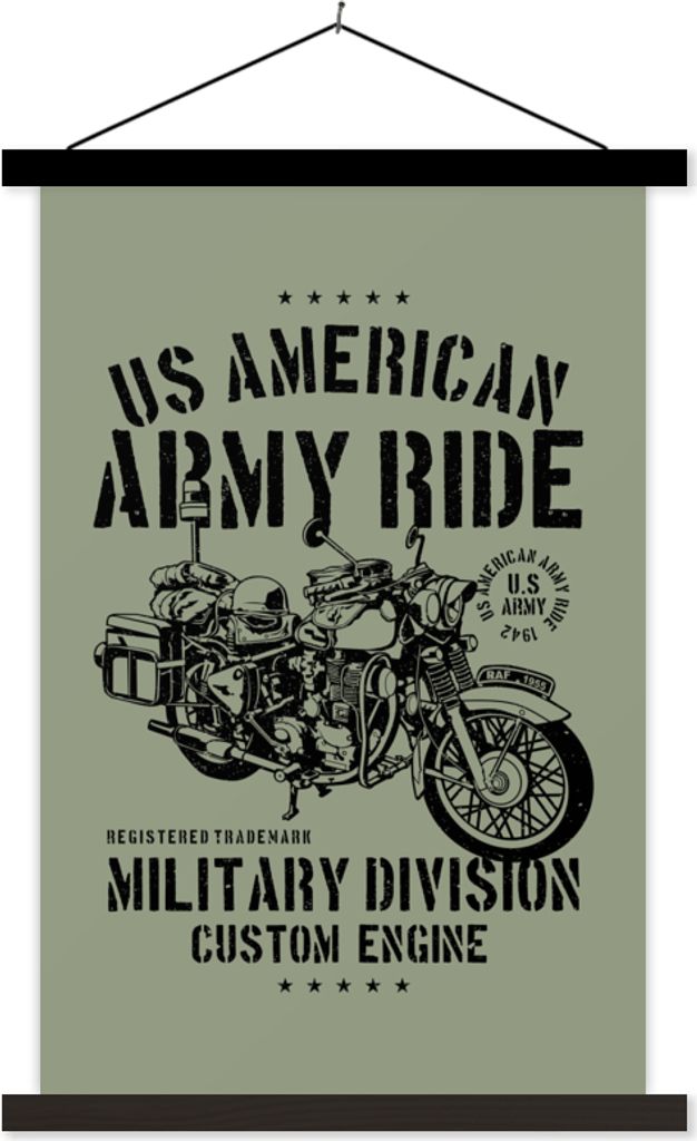 MuchoWow Textilposter Mancave - Motorrad - Armee - Vintage 120x180 cm mit schwarzem Rahmen - Fotos