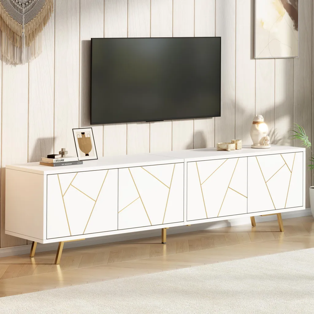 Meuble TV 4 Portes Blanc et Or 190x40x51cm avec Pieds en Acier Doré