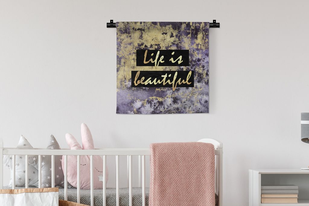 MuchoWow Wandteppich Wandbehang Zitat - Leben - Gold - Lila 60x60 cm Tapisserie Dekoration Wandtuch - Dekorationen - Wand Decke