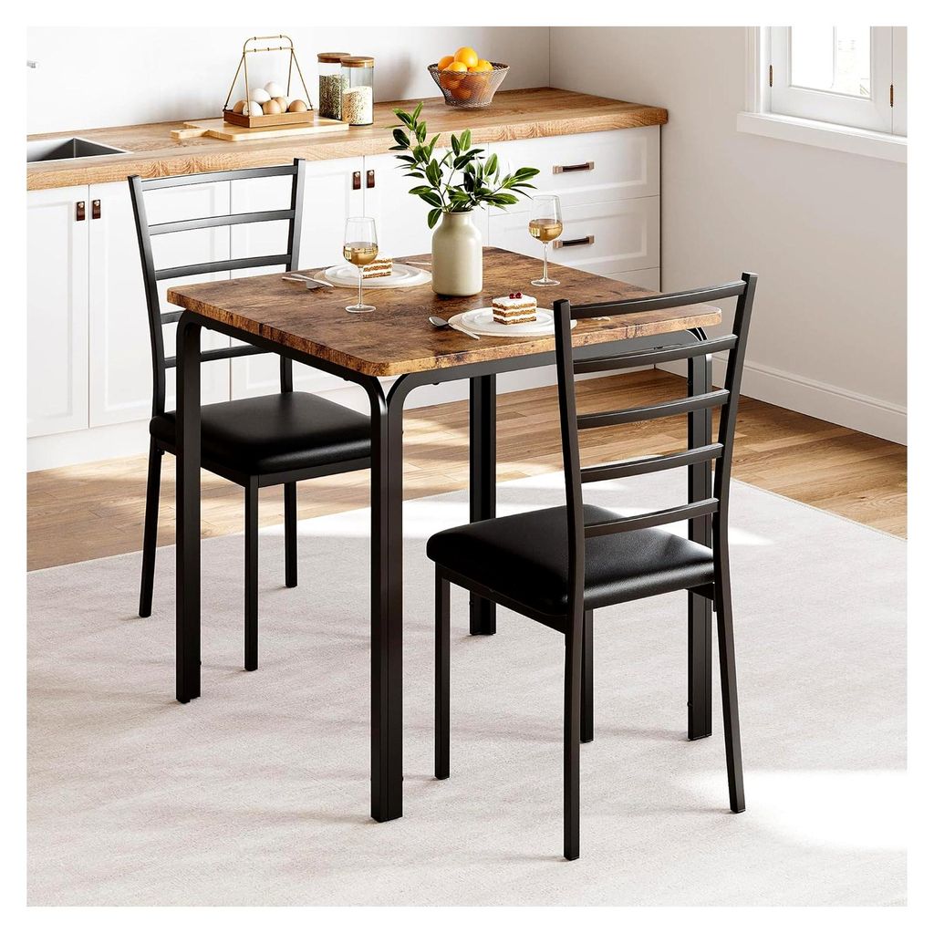 3-teiliges Küchentisch-Set, Esstisch mit 2 Stühlen für kleine Räume, quadratischer Esstisch aus Metall und Holz mit 2 gepolsterten Stühlen in ...