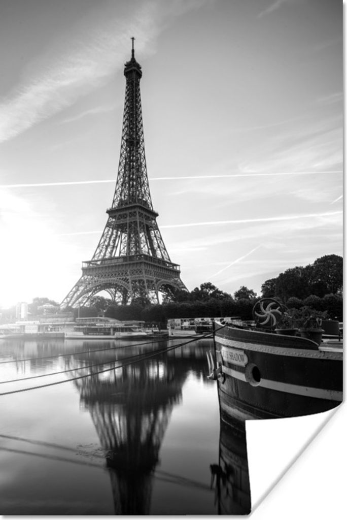 MuchoWow Poster Reflexion des Eiffelturms in der Seine - schwarz und weiß 60x90 cm - Wanddekoration