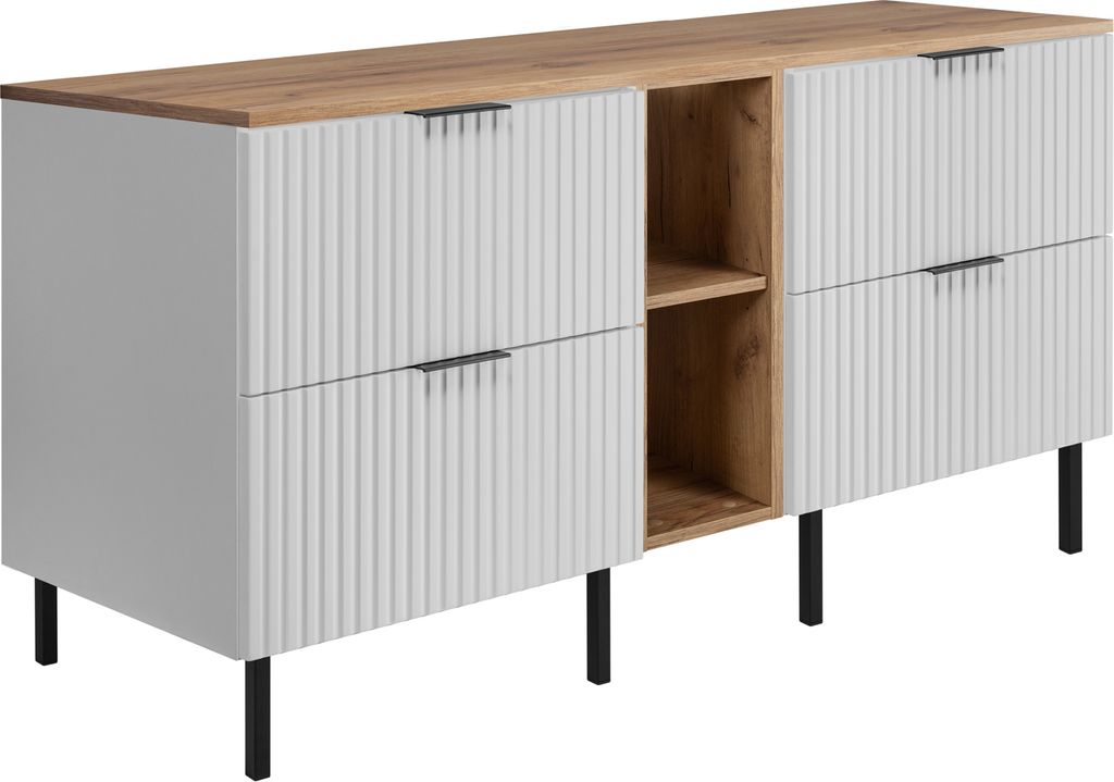 Badezimmerschrank, Weiß / Eiche Craft + schwarzer Griff, 140 x 77 x 46 cm