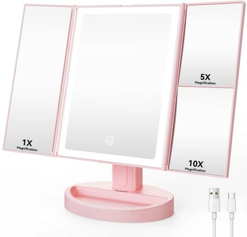 Miroir cosmétique lumineux rose avec loupe 10x et intensité réglable