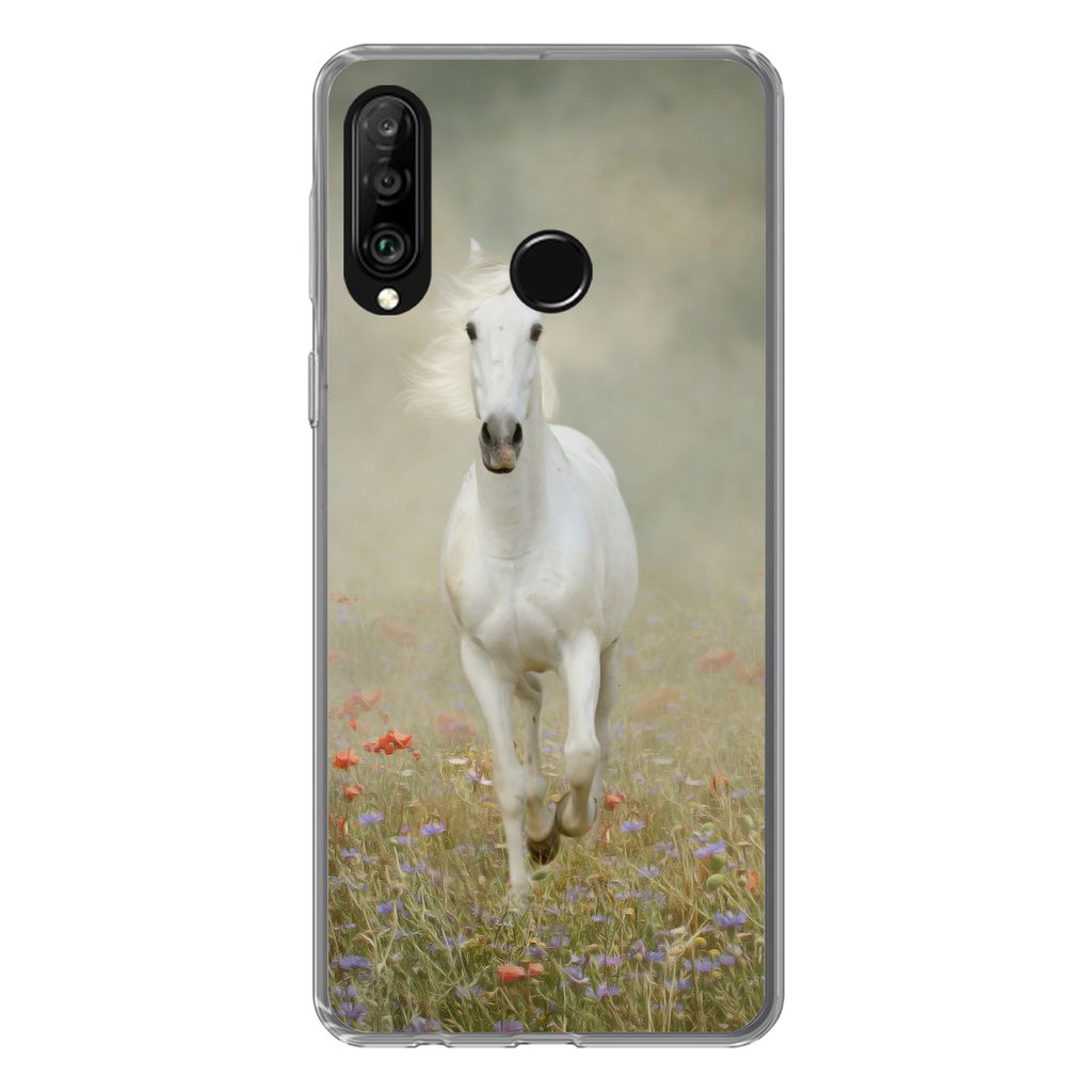 MuchoWow Handyhülle Schutzhülle Hülle für Huawei P30 Lite Pferd - Stoff - Blumen Silikon Softcase Handy Hülle - Handyhülle